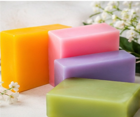 Hand holding a stack of handmade botanical soaps