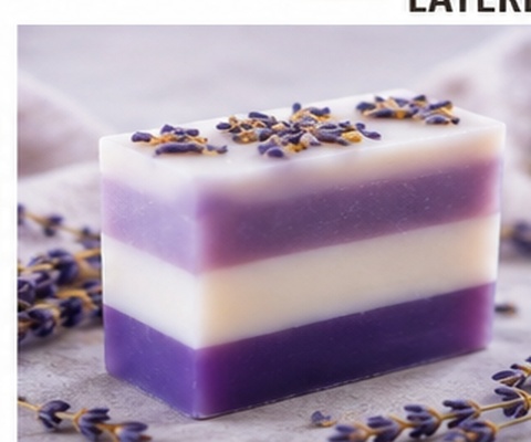 Colourful handmade melt and pour soap bars arranged in rows