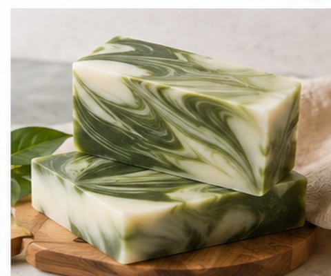 Botanical soap bar styled with green leaves on a beige surface