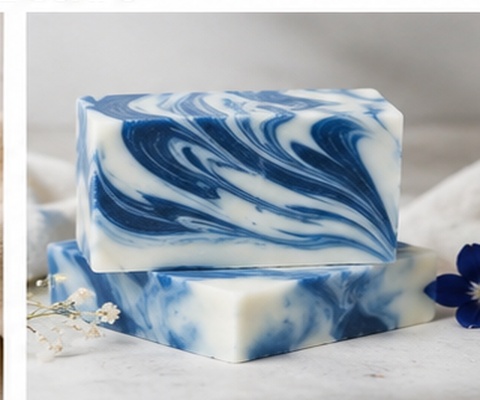 A pile of colourful handmade soap bars stacked together